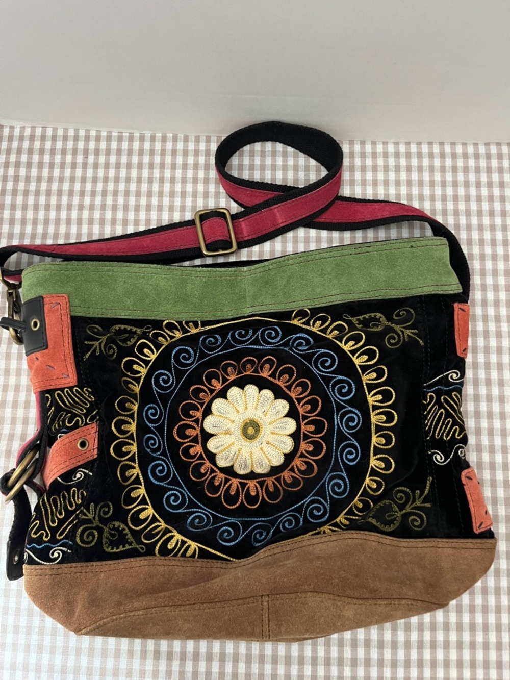 Y2K Lucky Brand Multicolor Leather and Suede Boho Embroidered Messenger Bag